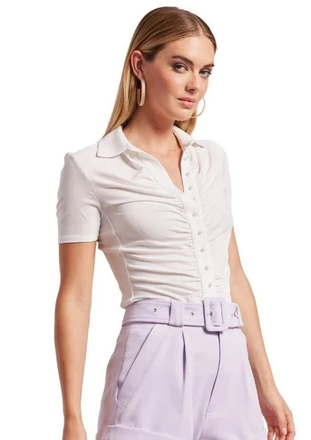 short sleeve pearl button ruched shirt-- Satin Fabric Silk Fabric Chiffon Fabric