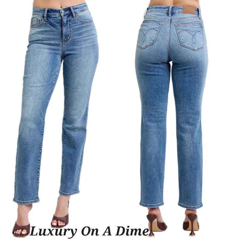 Judy Blue Thermal High-Rise Straight Leg Winter Retro Denim Pants Slim Fit Jeans Cozy Stretch High-Waist Jeans