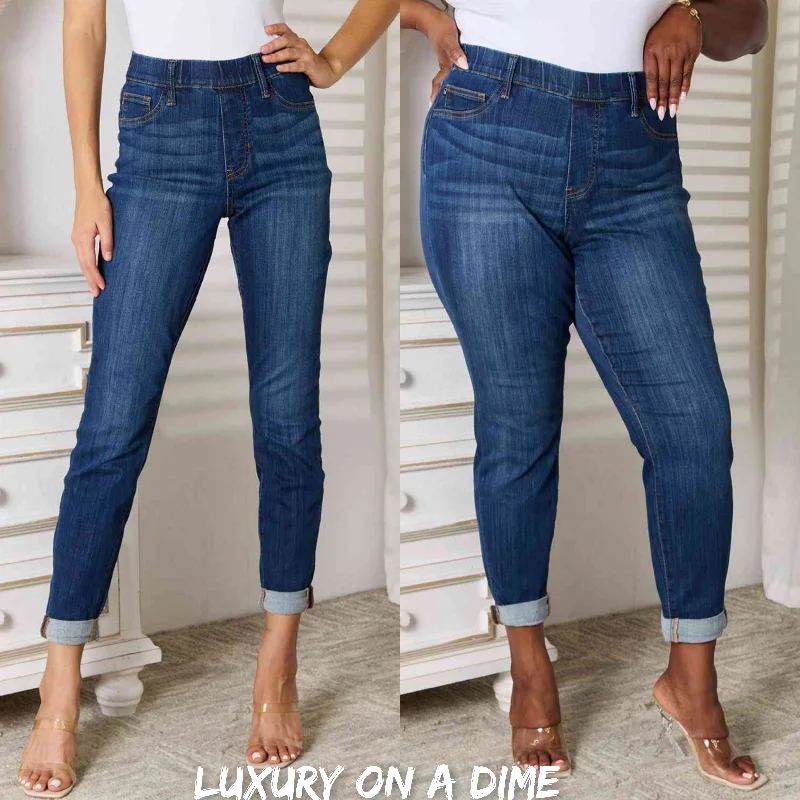 Skinny Ankle Cuffed Pants Cropped Dark Whisker Wash Stretch Denim Judy Blue Jeans Stylish High-Waisted Denim