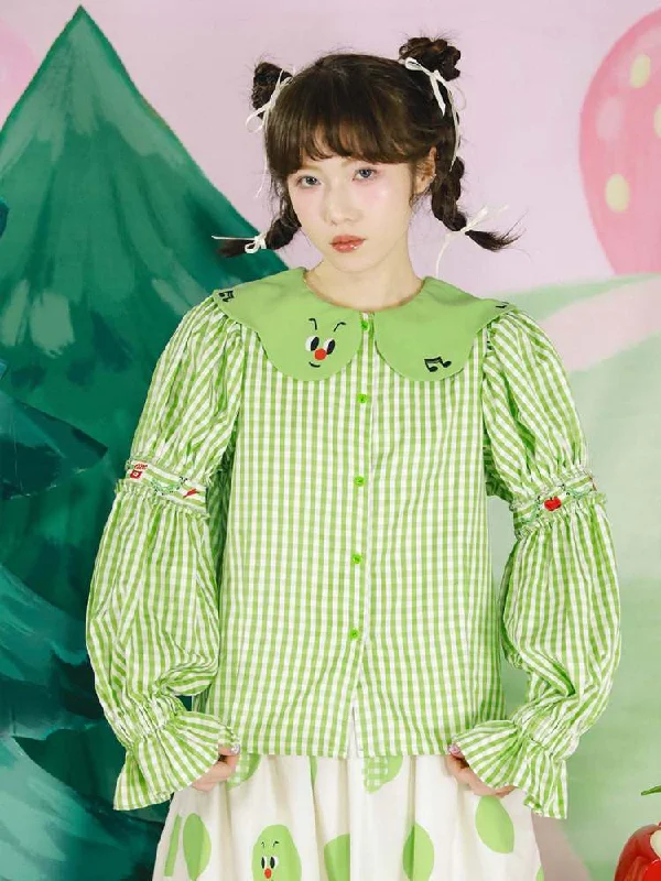 Apple Bug Embroidery Puff Sleeve Shirt【s0000007125】-- Hooded Caped Shawl Collar