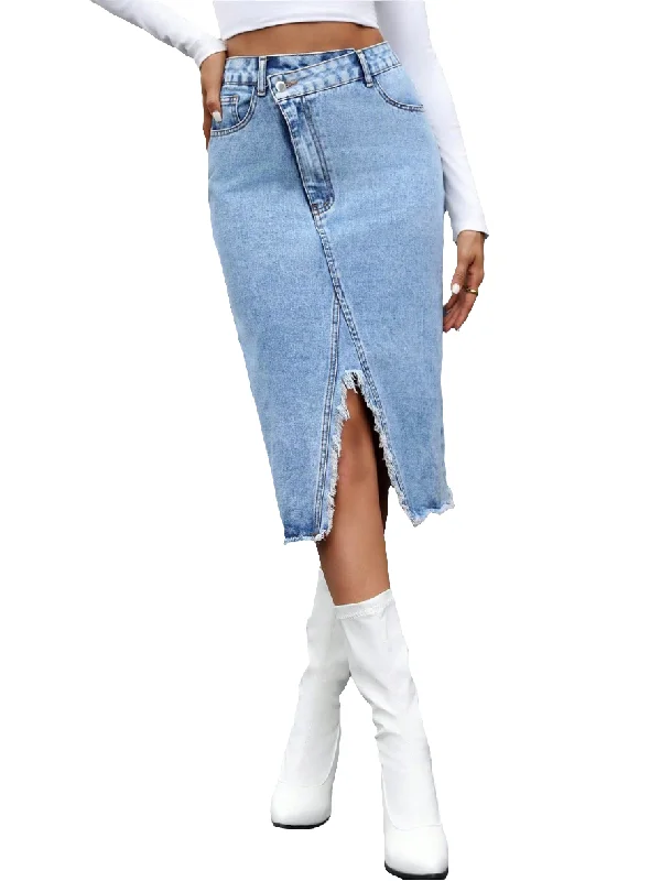 Asymmetrical High-Rise Distressed Cut Denim Frayed Retro Blue Jean Midi Skirt Trendy Button-Up High-Waist Jeans Asymmetrical High-Rise Distressed Cut Denim Frayed Retro Blue Jean Midi Skirt Trendy Button-Up High-Waist Jeans