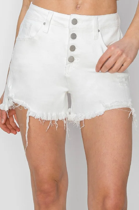 RISEN Button Fly Distressed White Denim Mid-Rise Shorts Frayed Cut-Off Jean Trendy Flared Leg Jeans