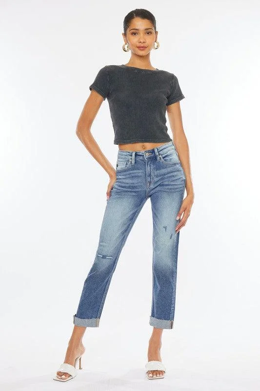 Kancan High-Rise Cuffed Slim Straight Jeans Comfortable Mid-Rise Jeans