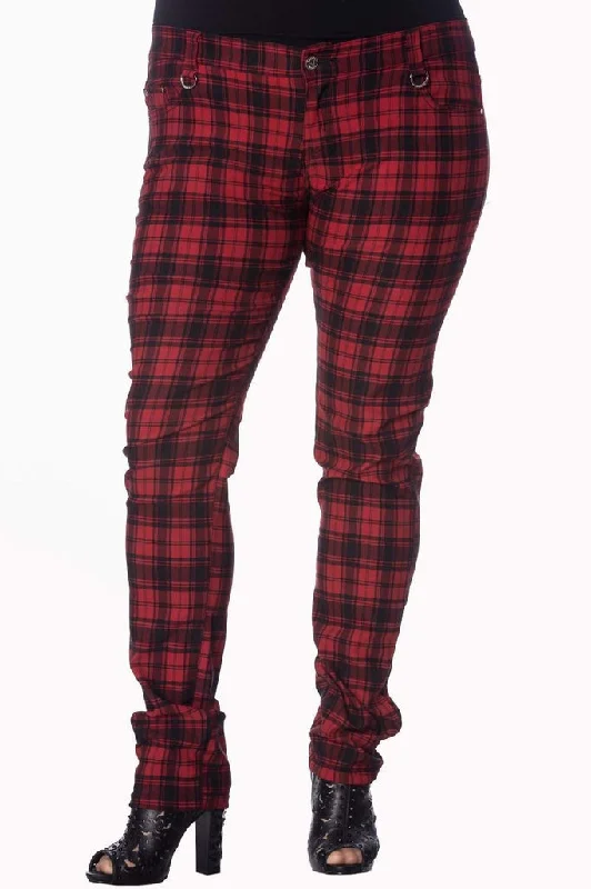 Red Check Plus Size Skinny Jeans Comfortable Drawstring Waist Jeans