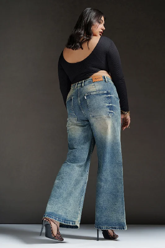 Vintage Bay Curve Retro Flare Stretch Jeans Stylish Slim Fit Denim