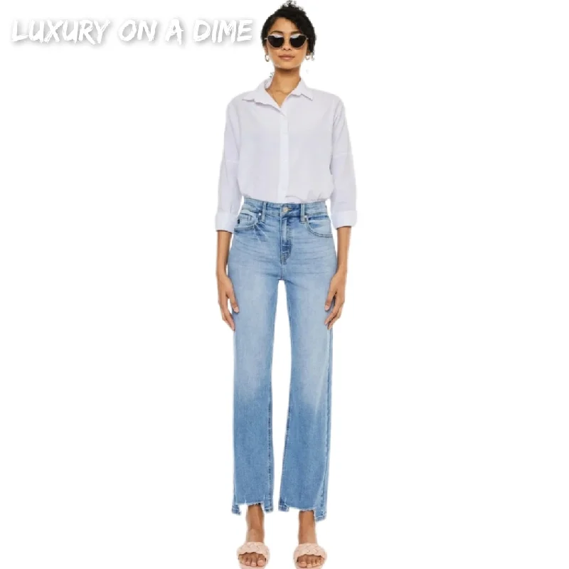 KanCan High-Rise Waist Distressed Raw Hem Wide Leg Mom Denim Jean Pants Classic Black Denim Jeans