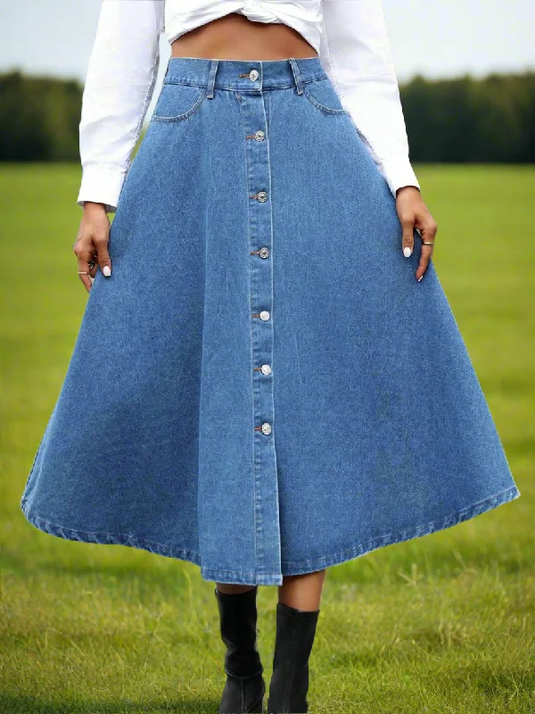 Retro High-Rise Midi Button Front Flare A-line Poque Blue Jean Circle Denim Skirt Pockets Stylish Shredded Denim Jeans Retro High-Rise Midi Button Front Flare A-line Poque Blue Jean Circle Denim Skirt Pockets Stylish Shredded Denim Jeans