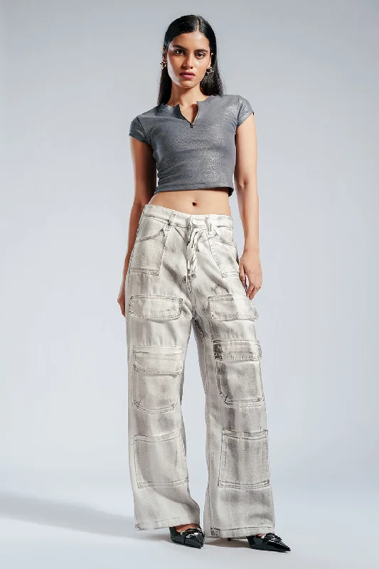Rustic White Multi Pocket Cargo Jeans Casual Loose Fit Jeans