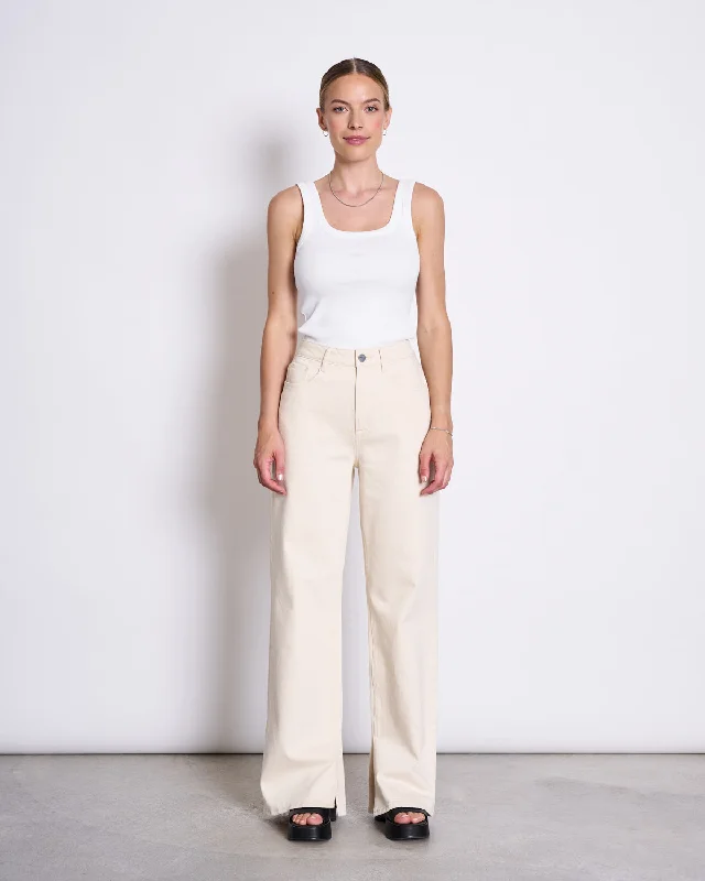 SLITTED WIDE LEG JEANS SELENE ECRU Fashionable Vintage Wash Jeans
