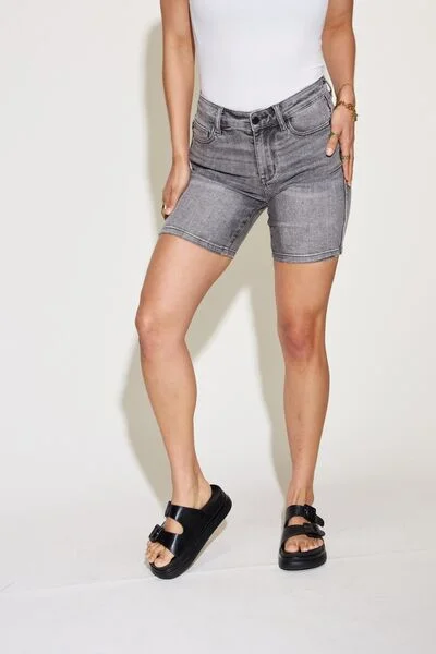 High Rise Bermuda Retro Grey Washed Denim Jean Shorts Judy Blue Stylish Tapered Fit Jeans