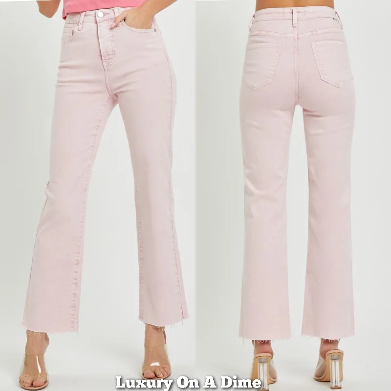 RISEN High-Rise Tummy Control Jeans Slim Straight Leg Ankle Raw Hem Retro 90s Pink Acid Wash Denim Pants Trendy Skinny Fit Jeans RISEN High-Rise Tummy Control Jeans Slim Straight Leg Ankle Raw Hem Retro 90s Pink Acid Wash Denim Pants Trendy Skinny Fit Jeans