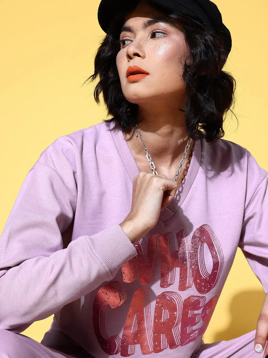Women Lilac WHO CARES Crop Terry Sweat Shirt-- Chenille Brocade Lace