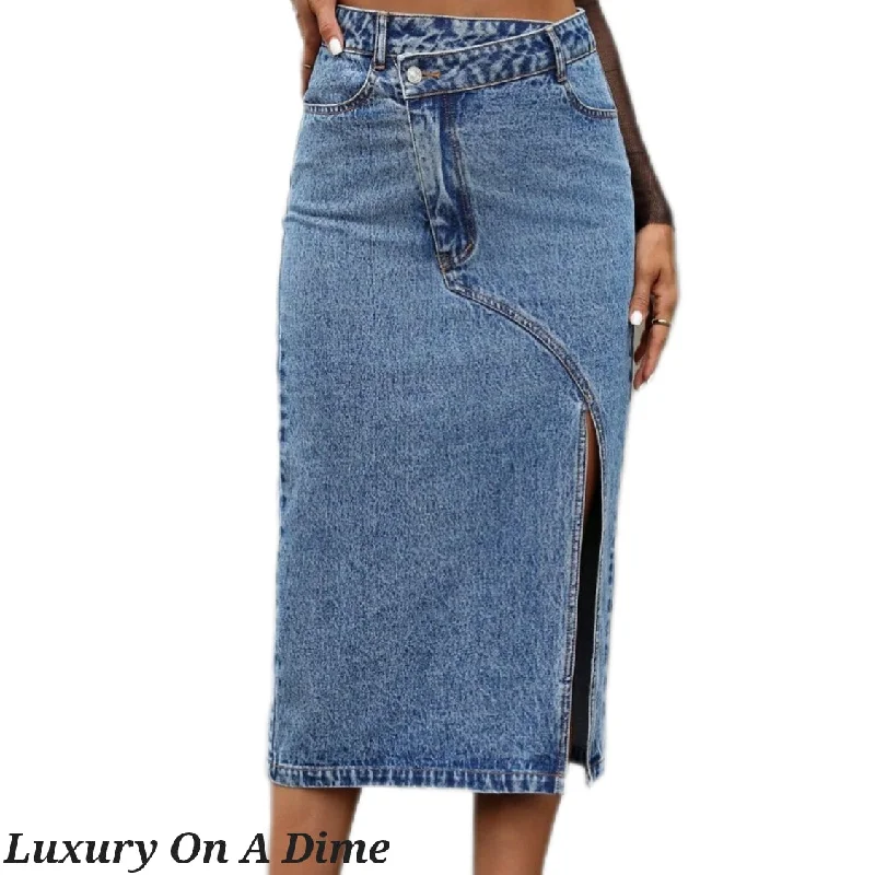 Asymmetrical High-Rise Waist Side Slit Bent Seam Denim Retro Blue Jean Midi Skirt Fashionable Slouchy Fit Jeans