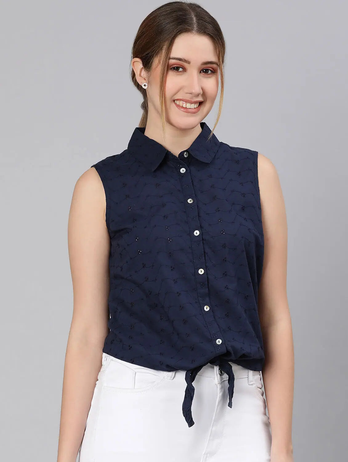 Dense Blue Schiffy Fabric Tie-Knot Women Shirt-- Terry Blend Velvet Blend Canvas Blend Dense Blue Schiffy Fabric Tie-Knot Women Shirt-- Terry Blend Velvet Blend Canvas Blend