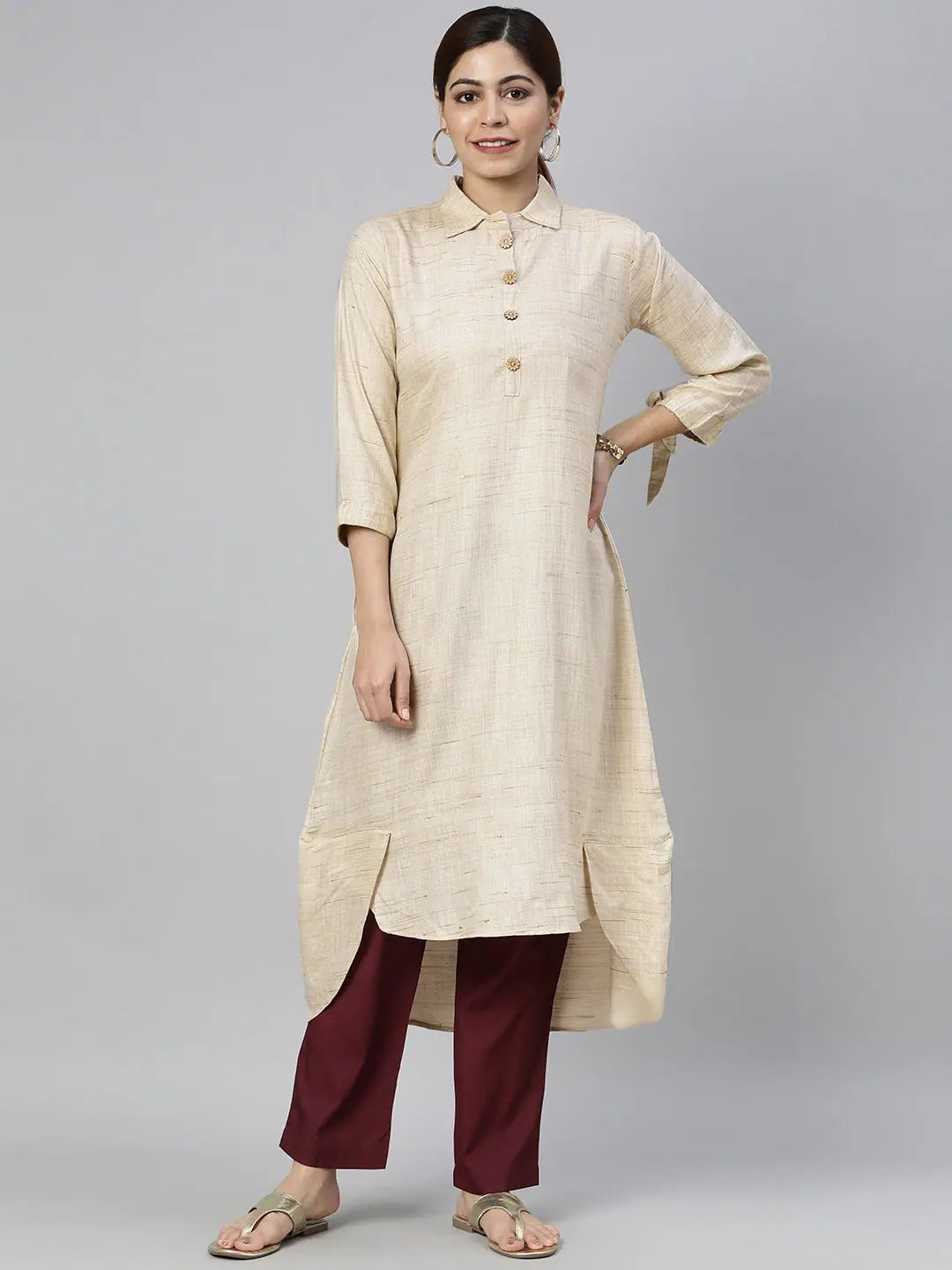 Ahika Women Beige Asymmetric Shirt Collar Kurta-- Zippered Front Buttoned Front Snap Front Ahika Women Beige Asymmetric Shirt Collar Kurta-- Zippered Front Buttoned Front Snap Front