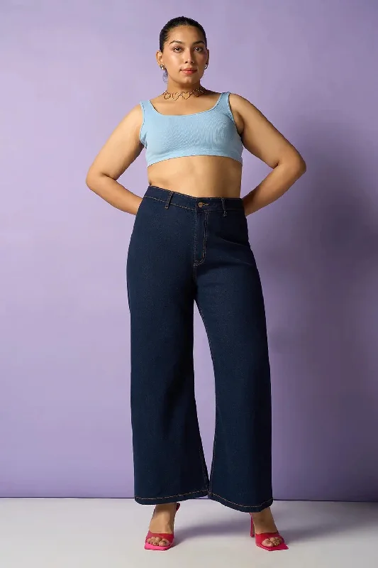 Intense Indigo Curve Retro Flare Fit Stretch Jeans Fashionable Raw Hem Bootcut Jeans