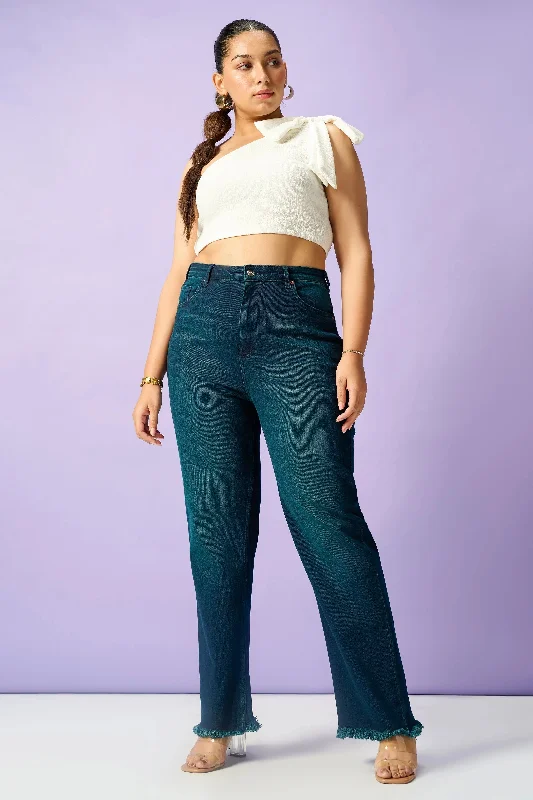 Subtle Teal Curve Straight Leg Jeans Trendy Layered Pocket Jeans