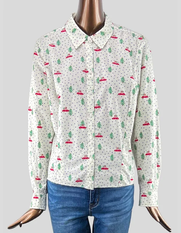 Talbots White Long Sleeve Christmas Fashion Novelty Print Button Front Shirt - Large-- Satin Blend Silk Blend Wool Blend Talbots White Long Sleeve Christmas Fashion Novelty Print Button Front Shirt - Large-- Satin Blend Silk Blend Wool Blend