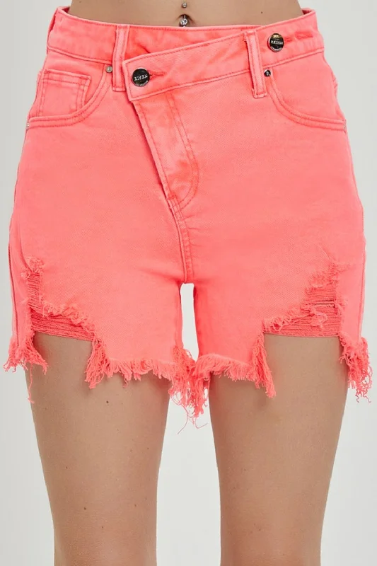 RISEN Asymmetrical Cut-off Mid-Rise Distressed Pink Denim Frayed Jean Shorts Casual Straight-Leg Jeans