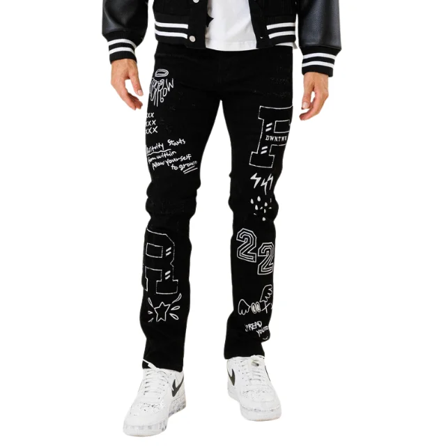 Black Multi Patch Slim Fit Denim Jeans Chic Vintage-Inspired Denim Jeans