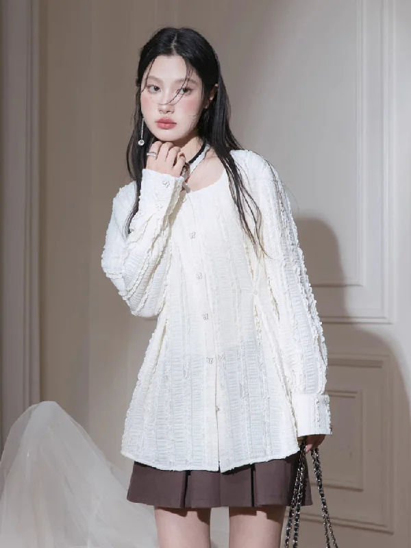 White frill shirt【s0000007210】-- Satin Blend Silk Blend Wool Blend