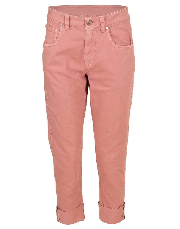Pink Cuffed Garment Dyed Jean Fashionable Relaxed Fit Denim