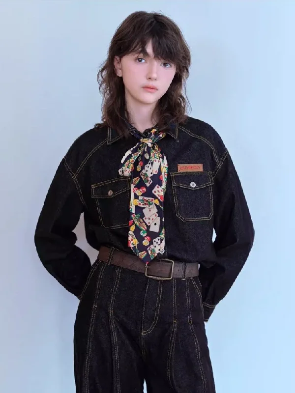 Embroidered denim shirt【s0000007049】-- Chenille Blend Fleece Blend Nylon Blend