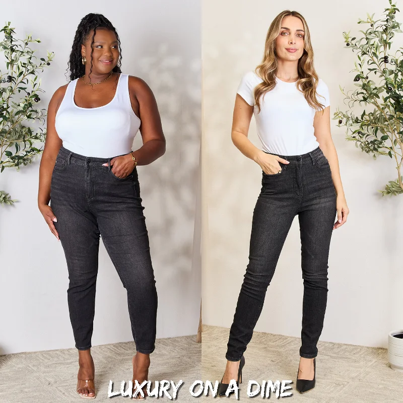 High-Rise Waist Black Denim Judy Blue Classic Skinny Jean Pants Cozy Wide-Legged Jeans