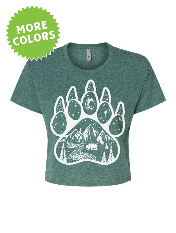 Bear Paw · White Ink · Cropped T-Shirt-- Collared T-Shirt Boat Neck A-Line