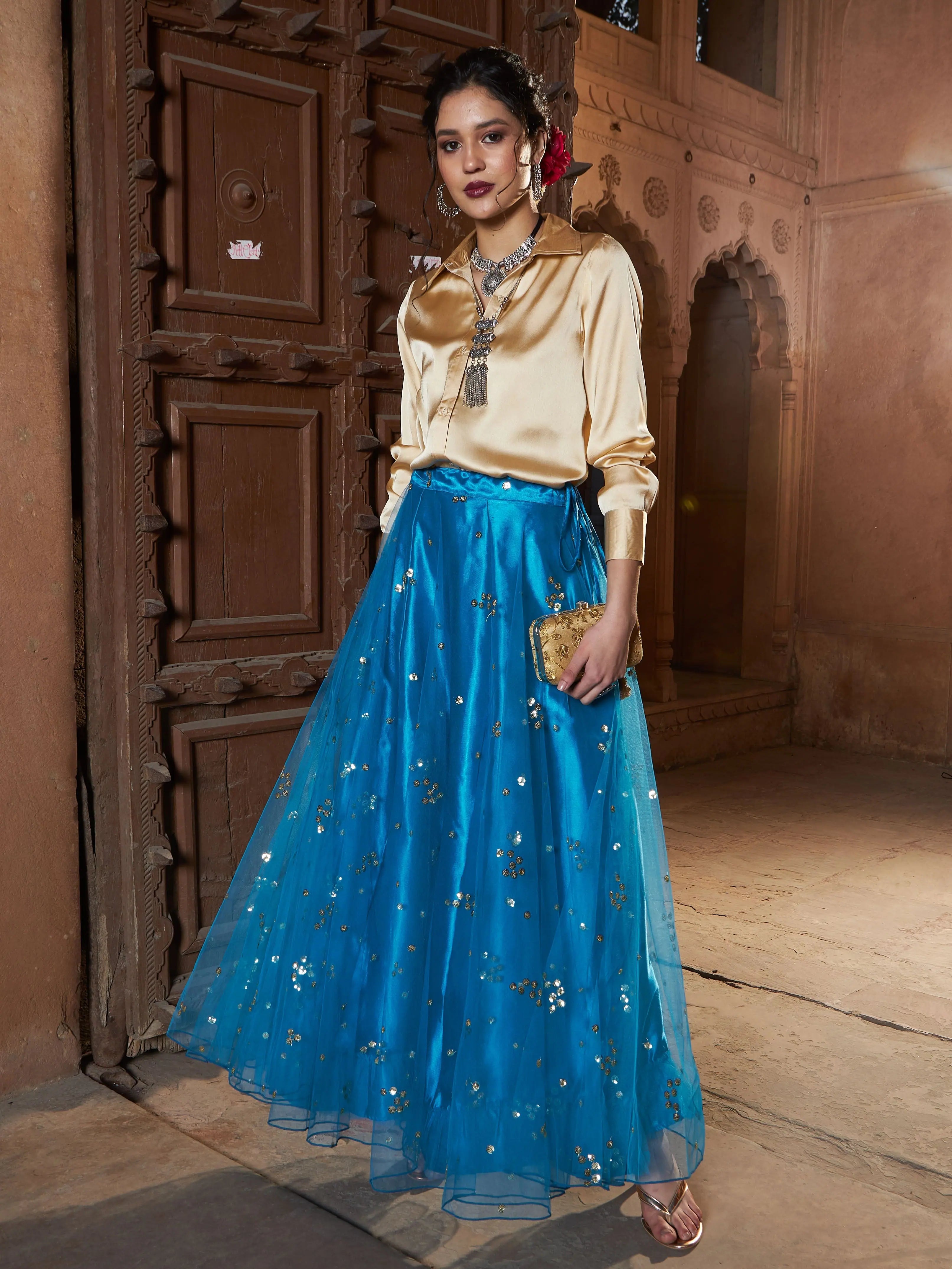 Women Gold Satin Shirt With Teal Tulle Sequin Skirt -- Basic T-Shirt Crew Neck Short Sleeve Women Gold Satin Shirt With Teal Tulle Sequin Skirt -- Basic T-Shirt Crew Neck Short Sleeve