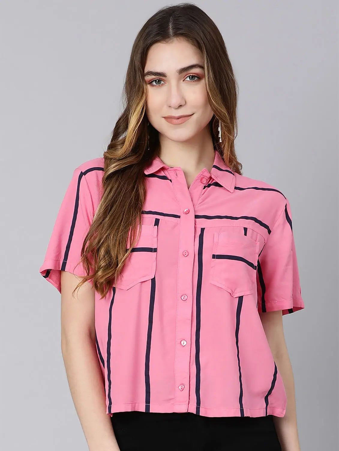Line And Rise Stripes Print Women Shirt-- Spandex Blend Rayon Blend Denim Blend