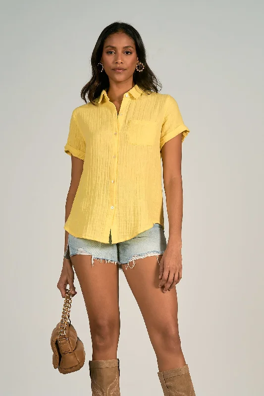 Short Sleeve Button-Down Shirt with Pocket - Yellow-- Satin Fabric Silk Fabric Chiffon Fabric Short Sleeve Button-Down Shirt with Pocket - Yellow-- Satin Fabric Silk Fabric Chiffon Fabric