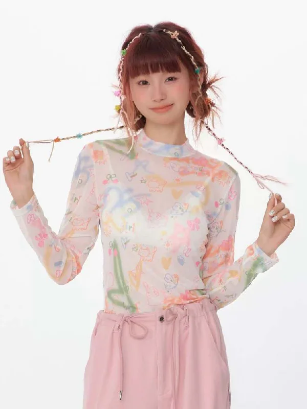 Graffiti Prints Semi-Sheer Bottoming Shirt【s0000007139】-- Cozy Warm Stylish