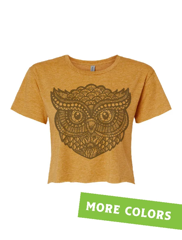 Zentangle Owl · Cropped T-Shirt · Tonal-- Cotton Fabric Linen Fabric Terry Fabric