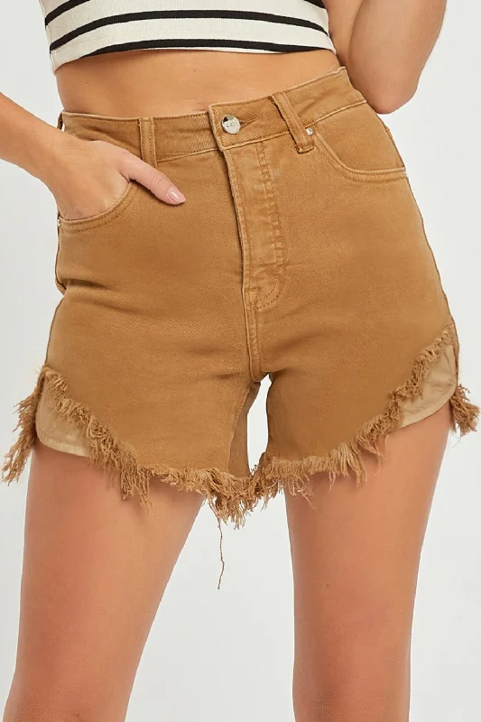 RISEN Cut-off High Rise Waist Distressed Moca Denim Mid-length Frayed Jean Shorts Fashionable Mom Jeans