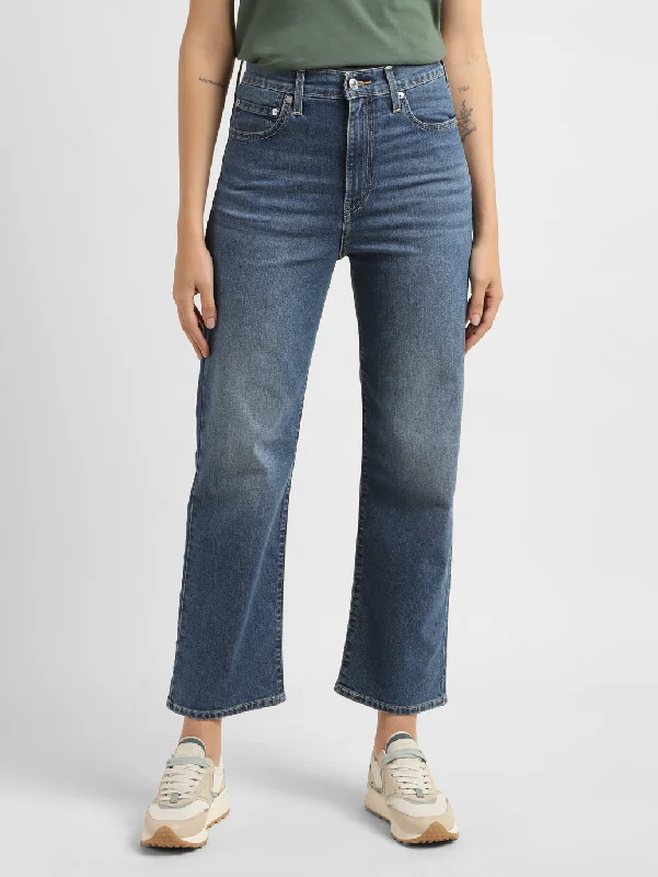 Women's High Rise Ribcage Straight Fit Jeans Chic Double Waistband Jeans