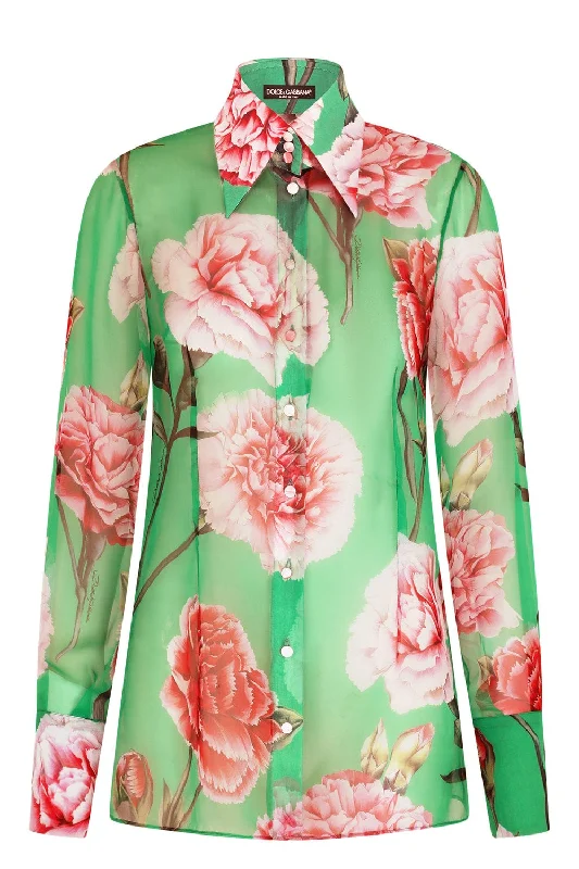 Long Sleeve Carnation Chiffon Shirt-- Asymmetrical Pockets Print