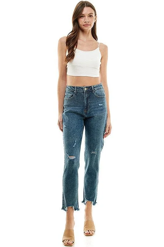 Blue Age High-Rise Distressed Straight Leg Jean Comfortable Dark Wash Jeans