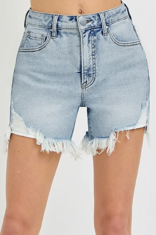 RISEN High Rise Waist Distressed Denim Cut-off Frayed Mid-length Step Blue Jean Shorts Elegant High-Waisted Flared Jeans RISEN High Rise Waist Distressed Denim Cut-off Frayed Mid-length Step Blue Jean Shorts Elegant High-Waisted Flared Jeans