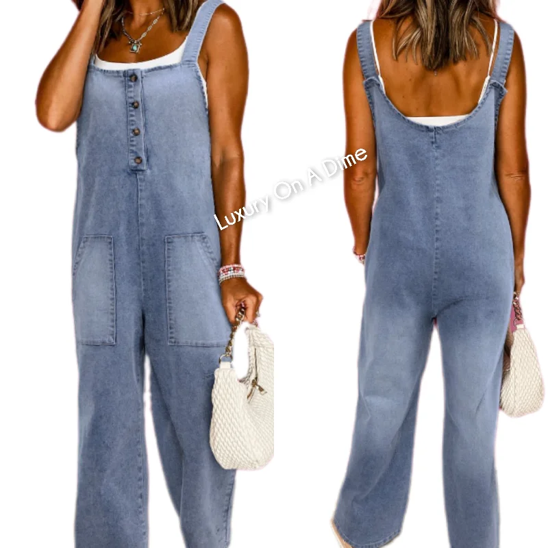 Retro Patch Pocket Denim Wide Leg Sleeveless Buttoned Blue Jean Pant Overalls Casual Bootcut Ripped Jeans Retro Patch Pocket Denim Wide Leg Sleeveless Buttoned Blue Jean Pant Overalls Casual Bootcut Ripped Jeans