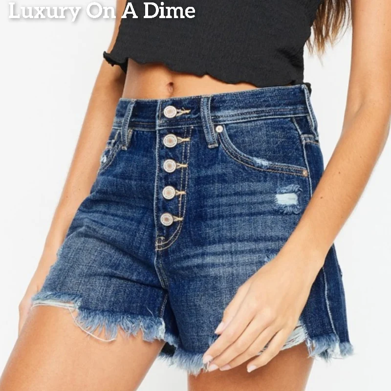 KanCan Button Fly High-Rise Frayed Denim Cut-Off Distressed Cotton Jean Shorts Cozy Relaxed Fit Jeans
