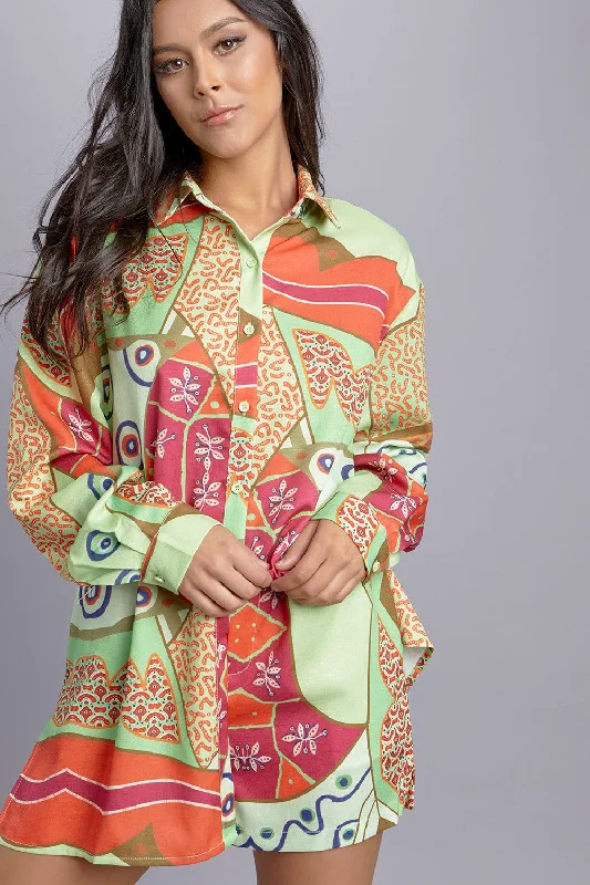 MULTICOLOR ABSTRACT SHIRT AND SHORT SET RRAM661S-- Notch Collar Peter Pan Collar Cowl Neck MULTICOLOR ABSTRACT SHIRT AND SHORT SET RRAM661S-- Notch Collar Peter Pan Collar Cowl Neck
