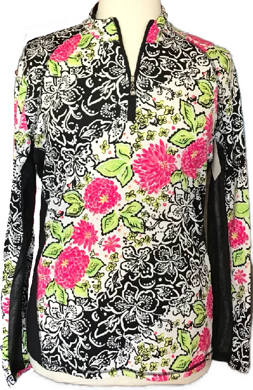 New San Soleil Ladies Black Floral Long Sleeve Golf Sun Shirt Size XXL MSP$104-- Spandex Blend Rayon Blend Denim Blend