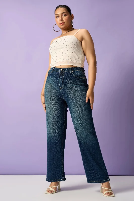 Supernova Fade Curve Straight Fit Jeans Trendy Button-Up High-Waist Jeans