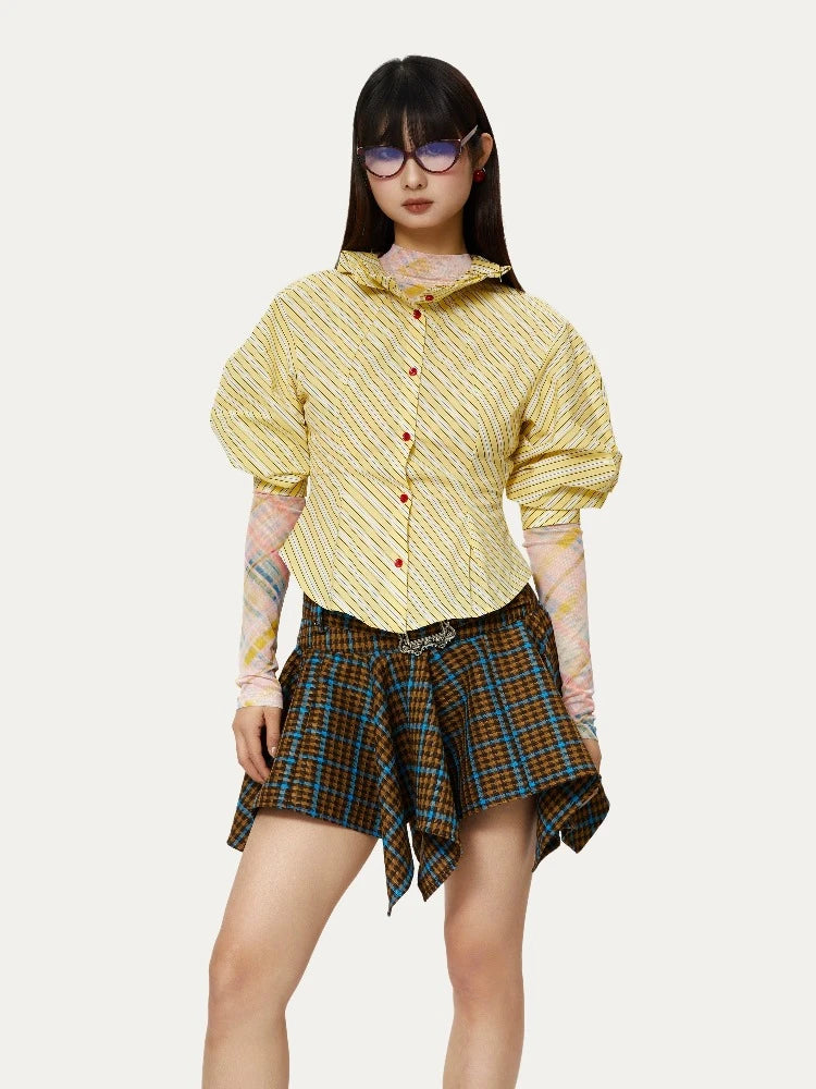 Striped retro short shirt【s0000007232】-- Mesh Fabric Canvas Fabric Denim Fabric