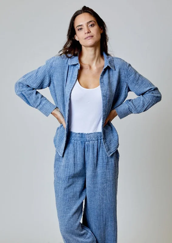 gauze placket shirt-- Solid Print Embellished