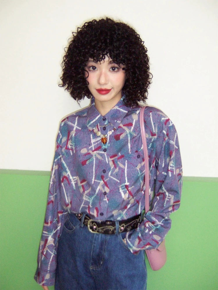 Retro doodle print shirt【s0000007406】-- Collared T-Shirt Boat Neck A-Line