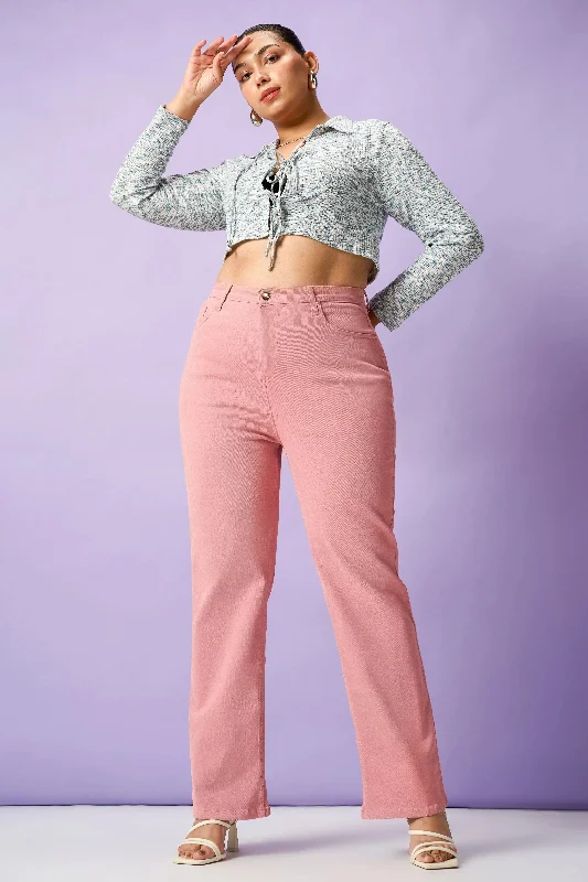 Faint Pink Curve Straight Fit Jeans Stylish Shredded Denim Jeans