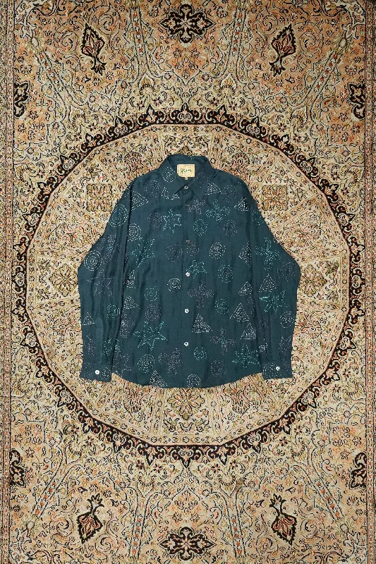 Glass Cypress Green Floral Shirt (Dark Green)-- Front Pockets Side Pockets Patch Pockets