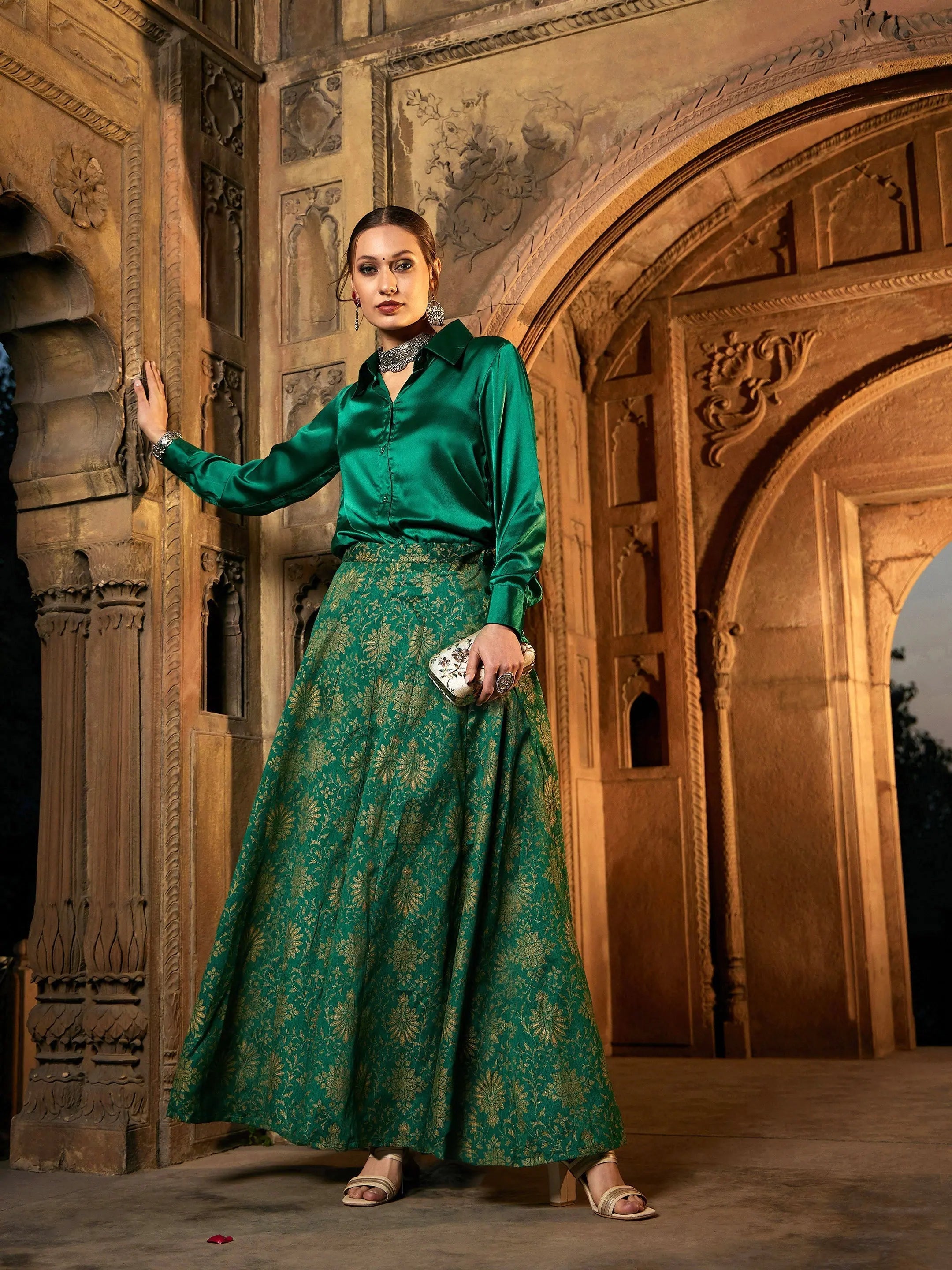 Women Green Satin Shirt With Brocade Skirt-- Layered Multi-layer Single Layer